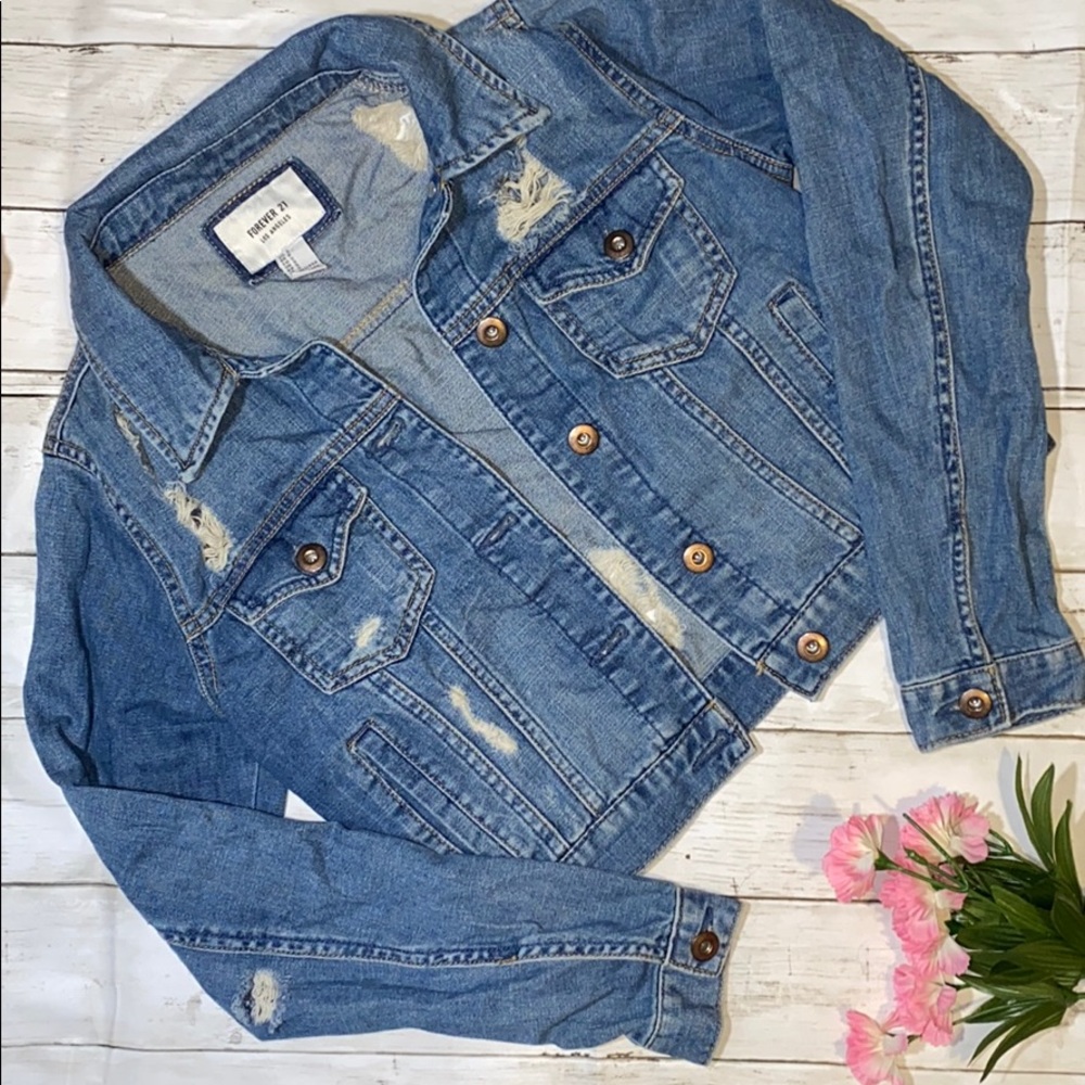 Forever 21 Ripped Crop Denim Jean Jacket Small